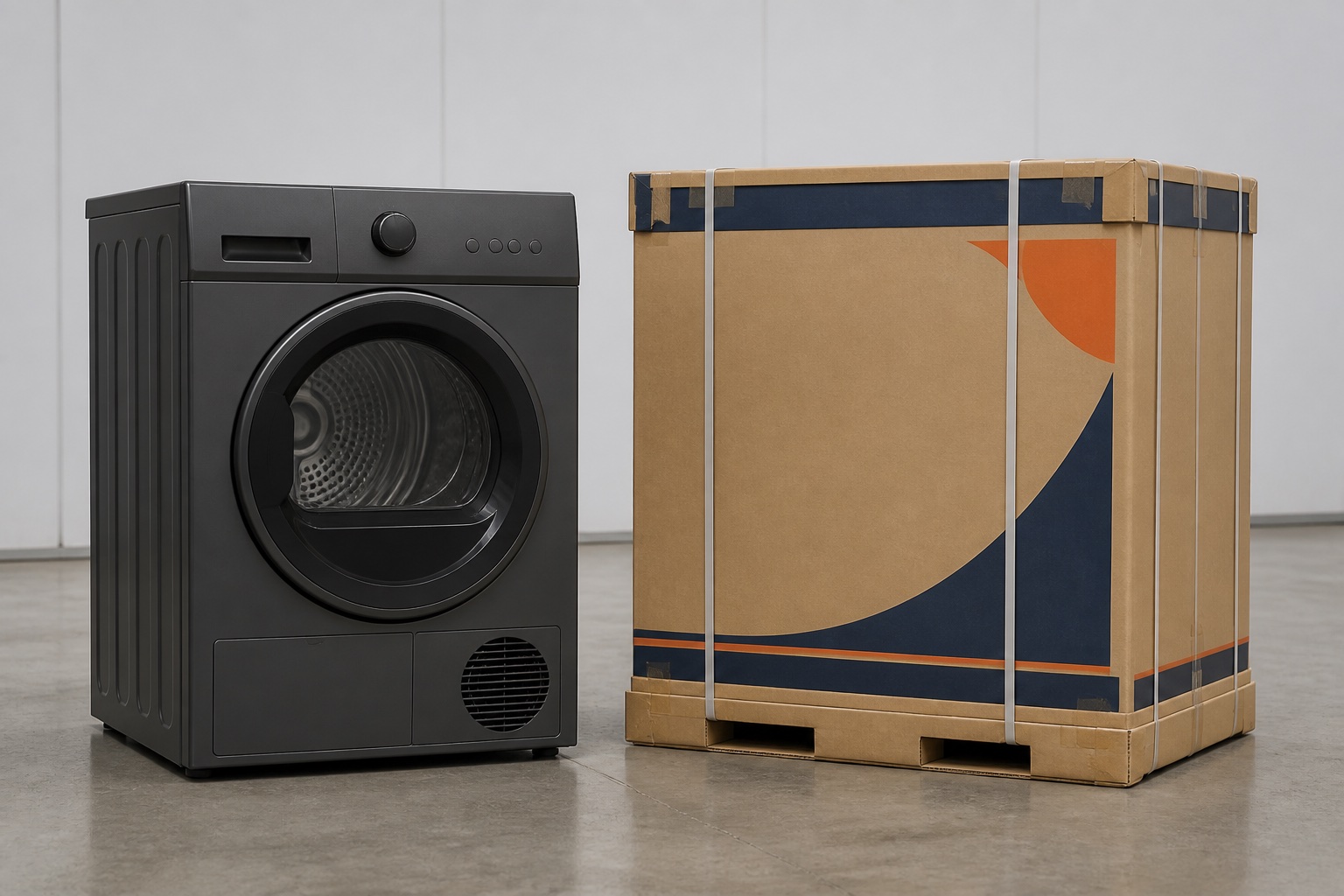 Generic heat-pump dryers beside a fully enclosed dryer transport carton