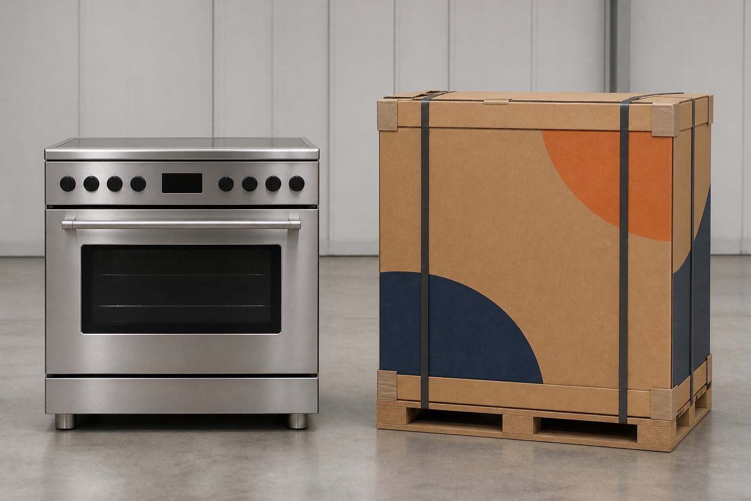 Generic freestanding ovens beside a fully enclosed large kitchen-appliance carton