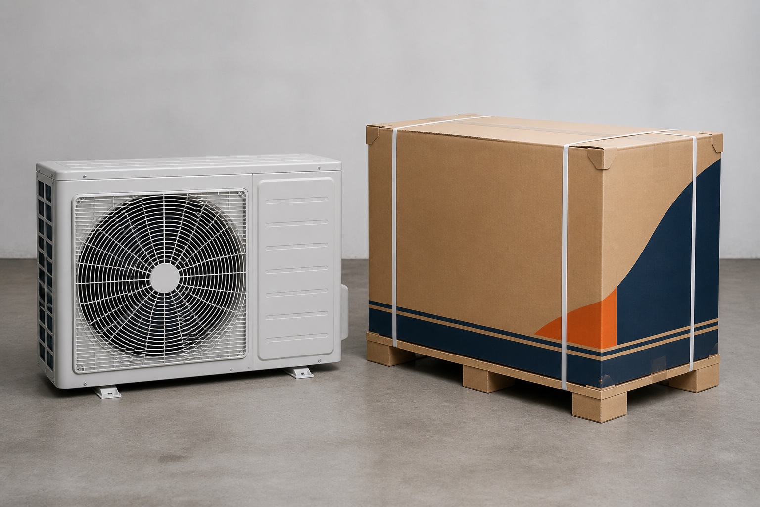 Generic residential condensers beside a fully enclosed outdoor ac unit heavy-duty carton