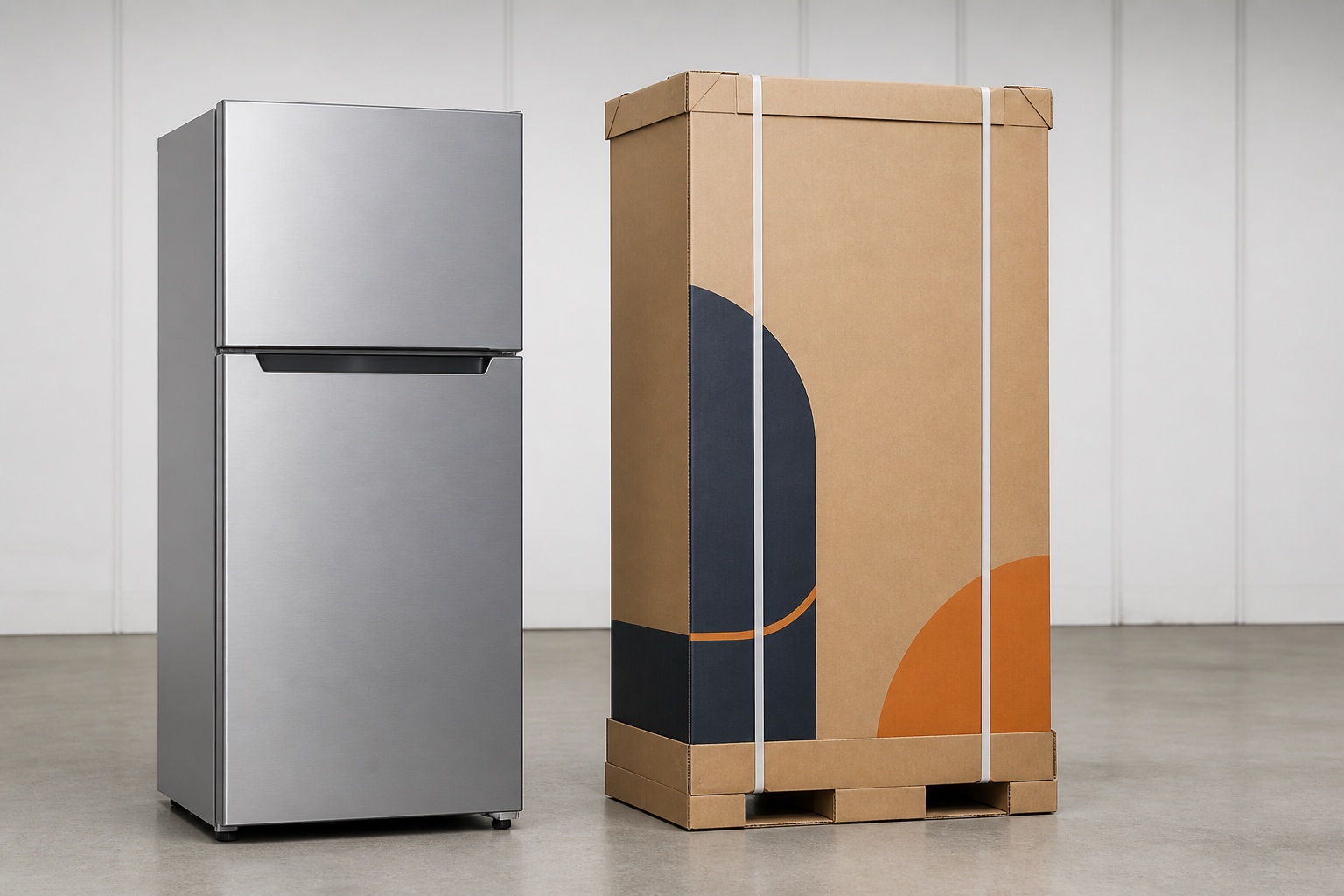 Generic two-door refrigerators beside a fully enclosed refrigerator transport carton