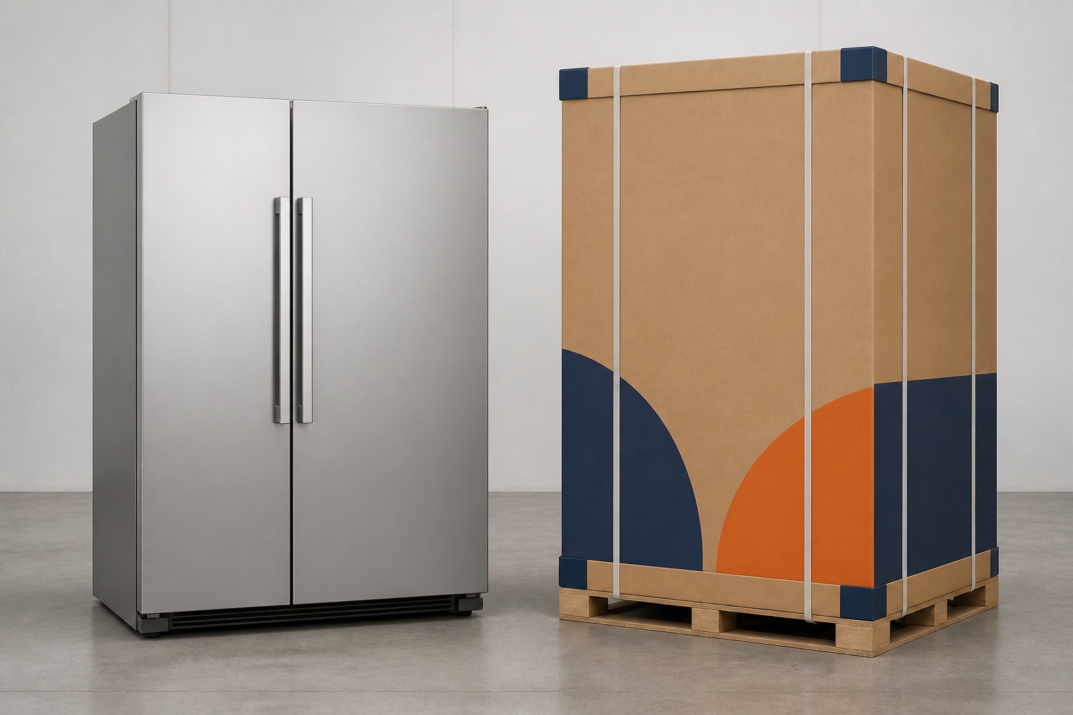 Generic side-by-side refrigerators beside a fully enclosed side-by-side refrigerator carton
