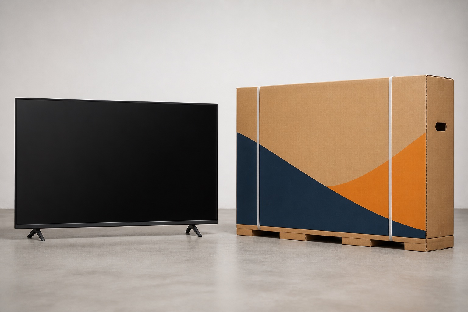 Generic flat-screen tvs beside a fully enclosed television transport carton