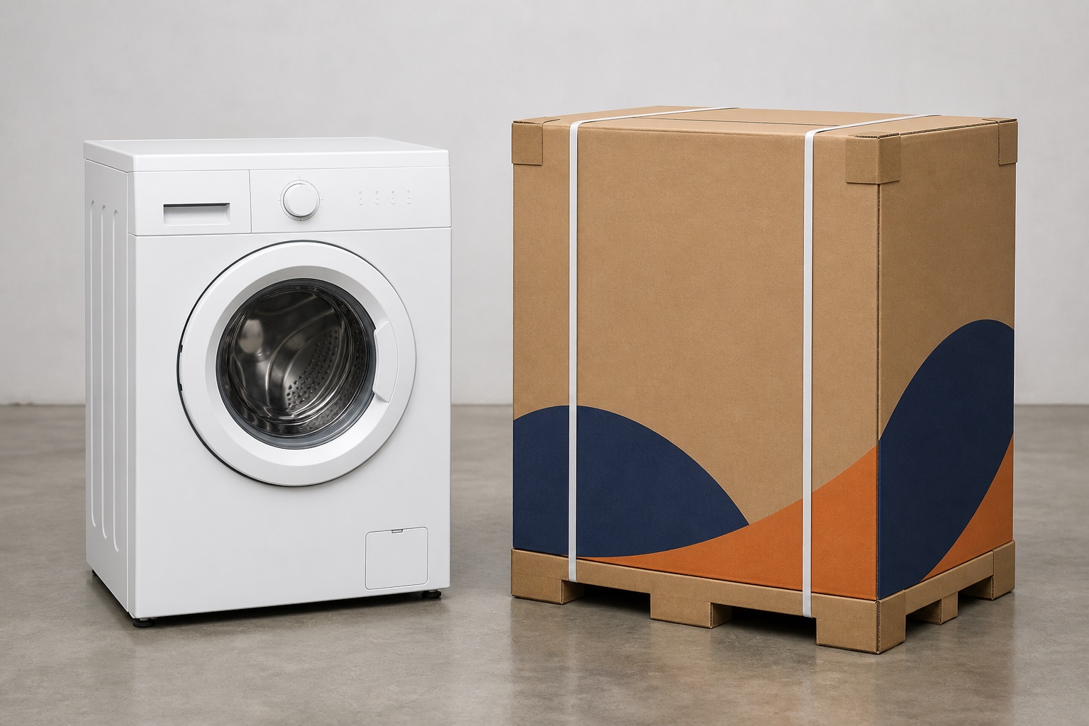 Generic front-load washers beside a fully enclosed washing machine transport carton