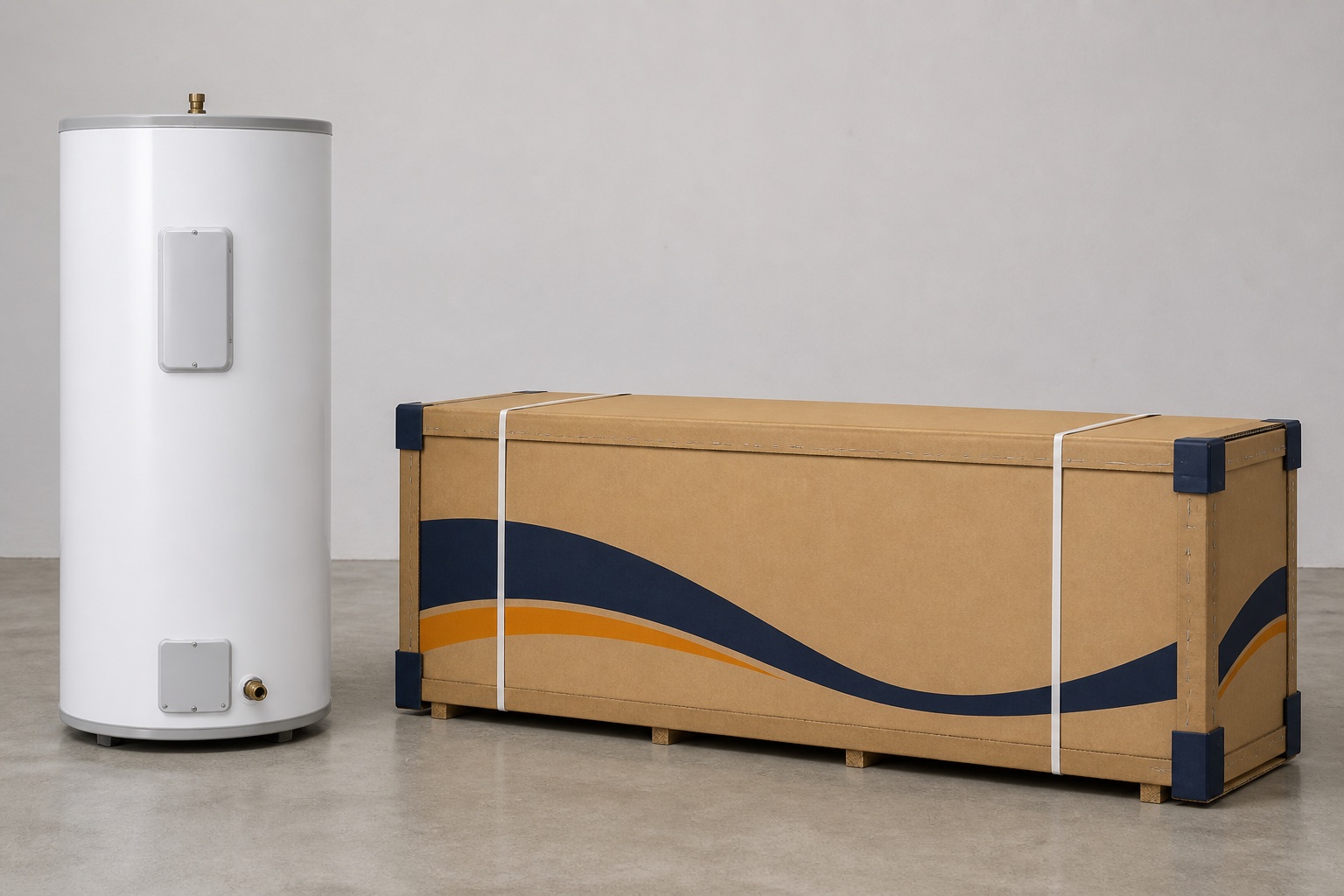 Generic storage water heaters beside a fully enclosed electric water-heater carton
