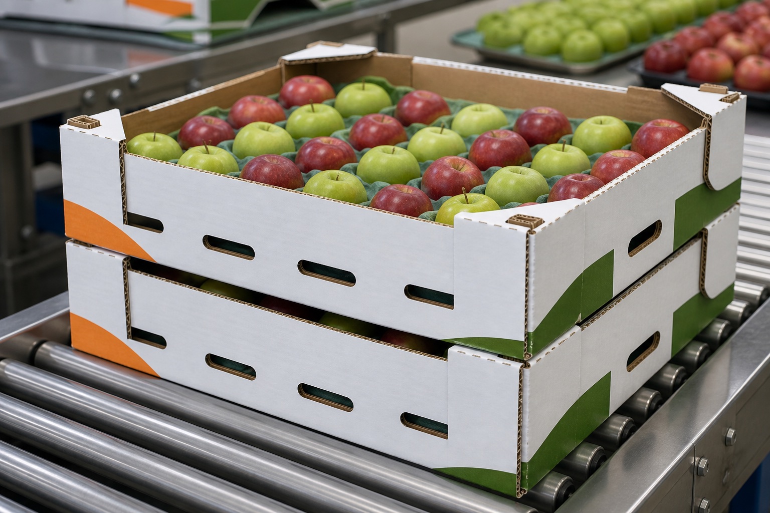 Red apples with an unbranded stackable apple carton