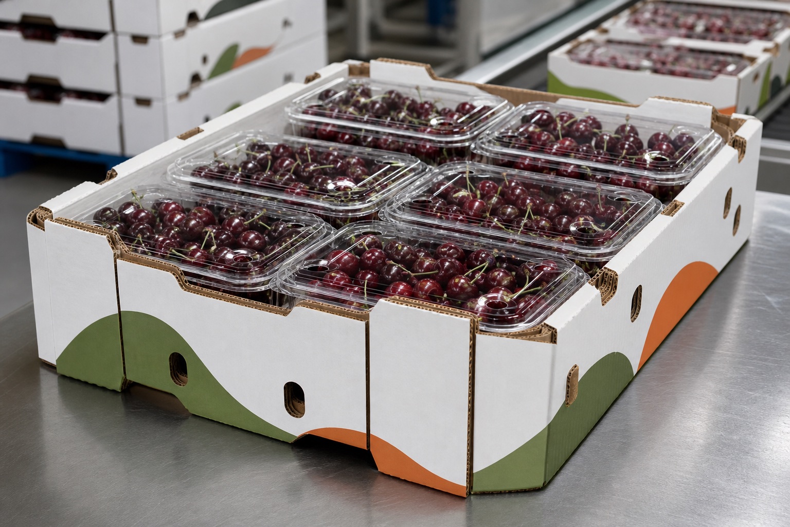 Cherry punnets with an unbranded cherry cold-chain transport carton