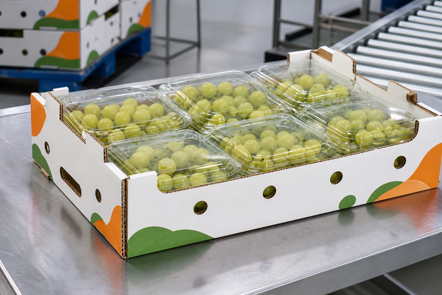 Table grapes with an unbranded grape transport tray