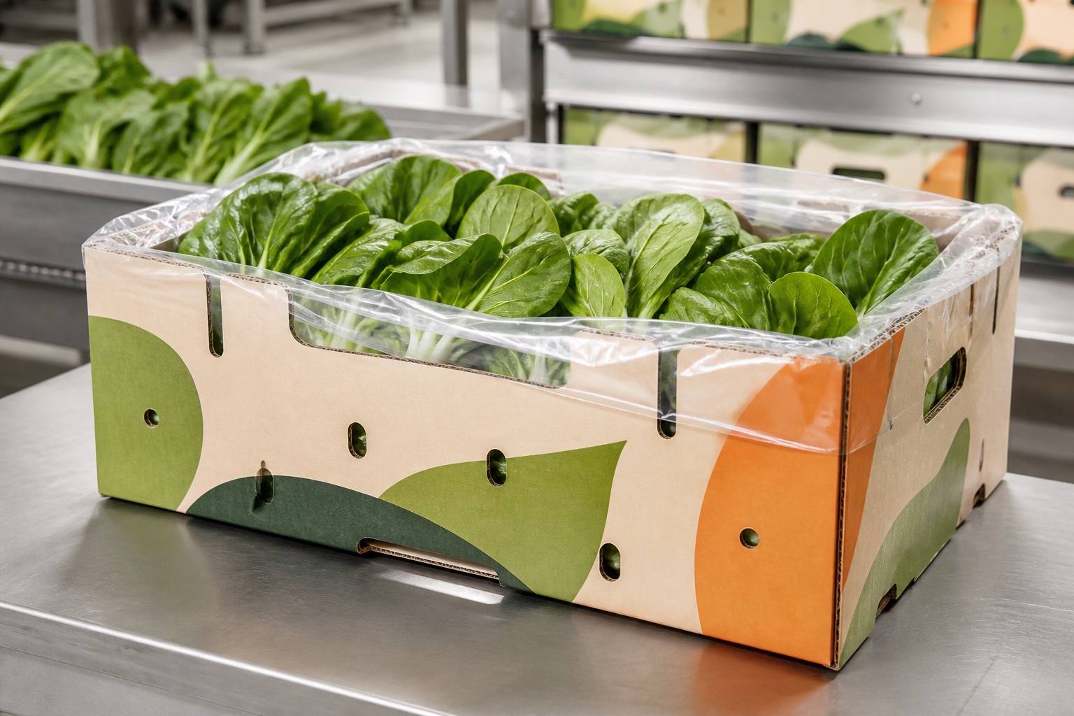 Spinach with an unbranded high-vent leafy-greens crate