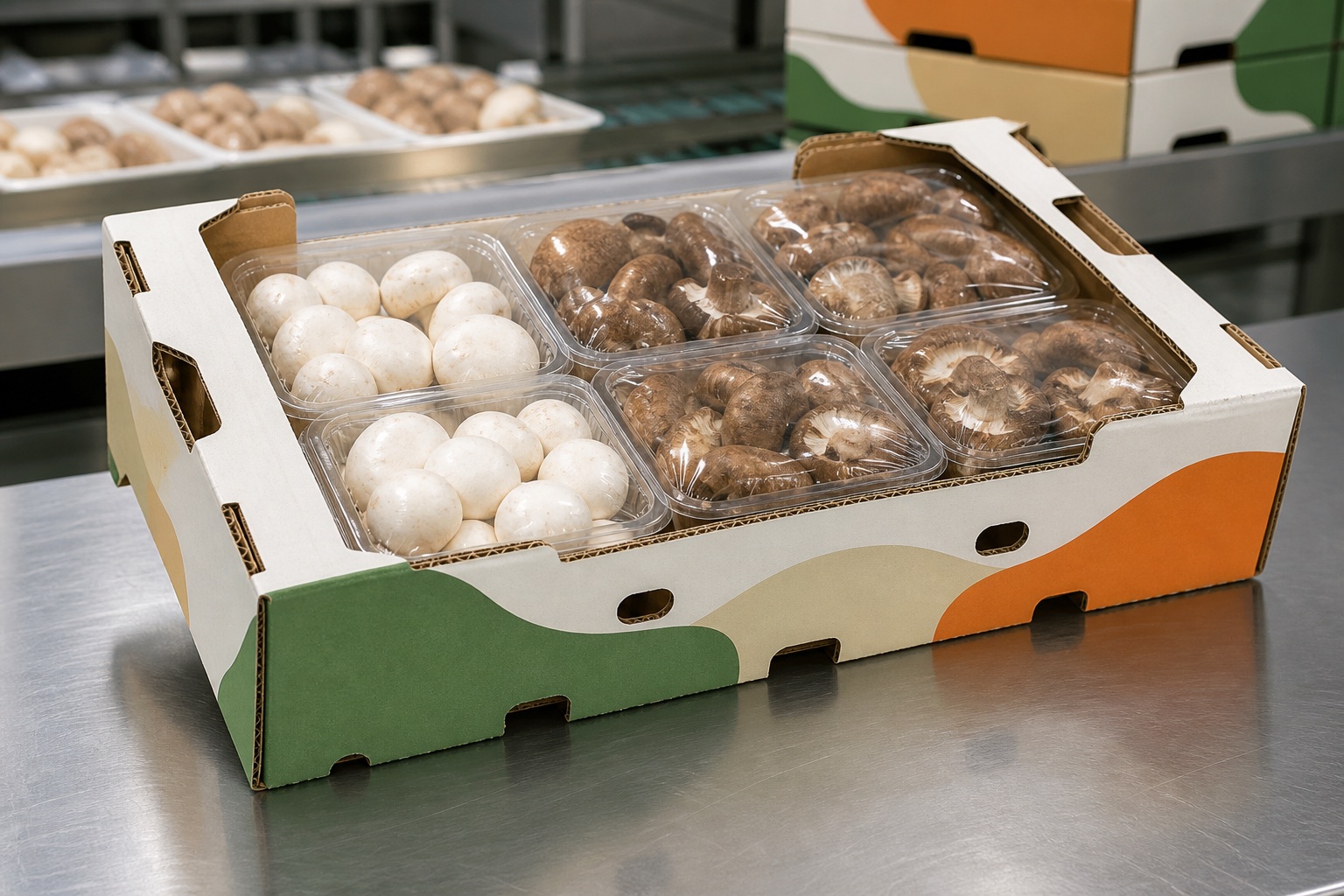 Button mushrooms with an unbranded mushroom protective carton
