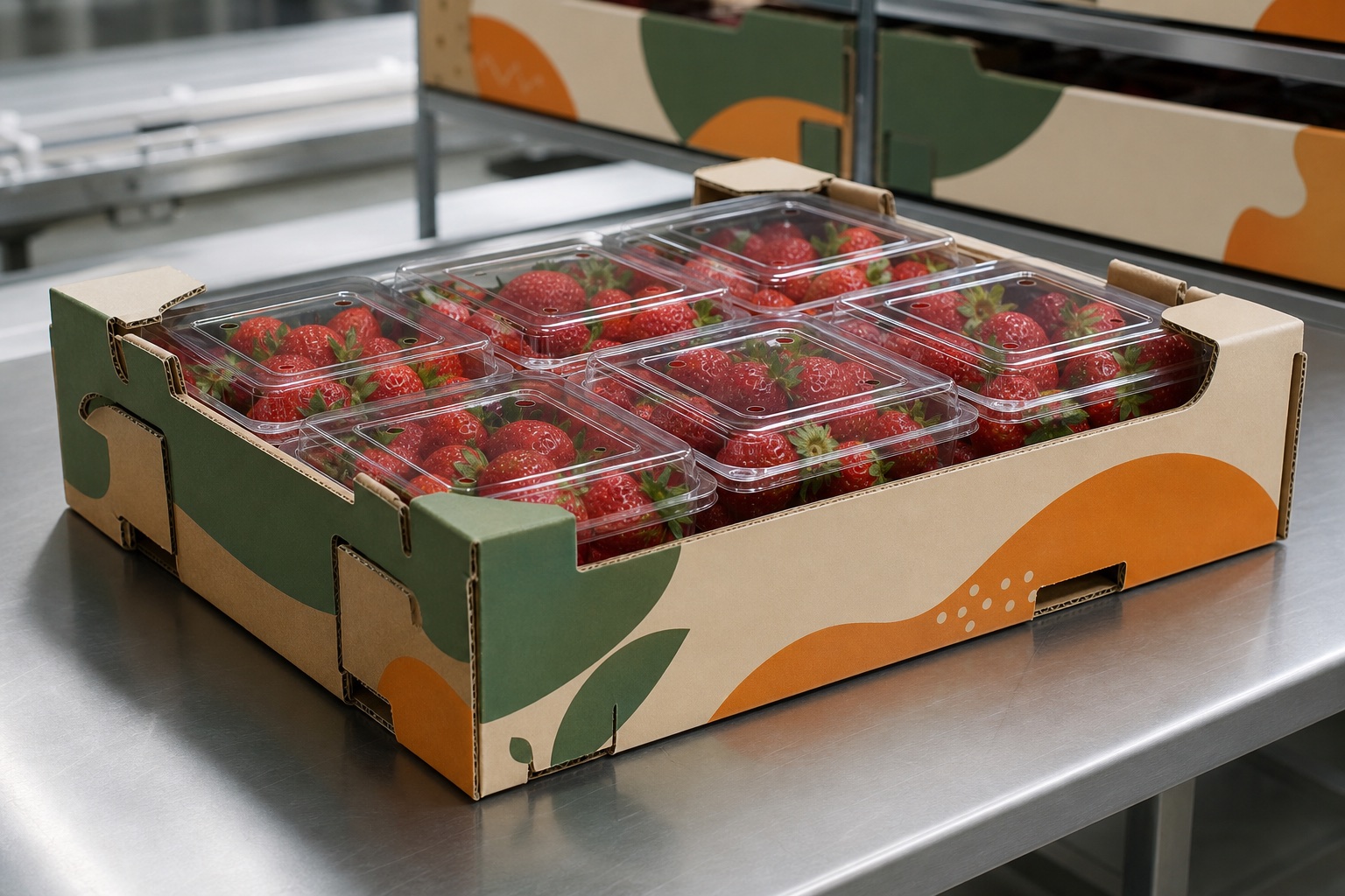 Strawberry punnets with an unbranded strawberry cold-chain display tray